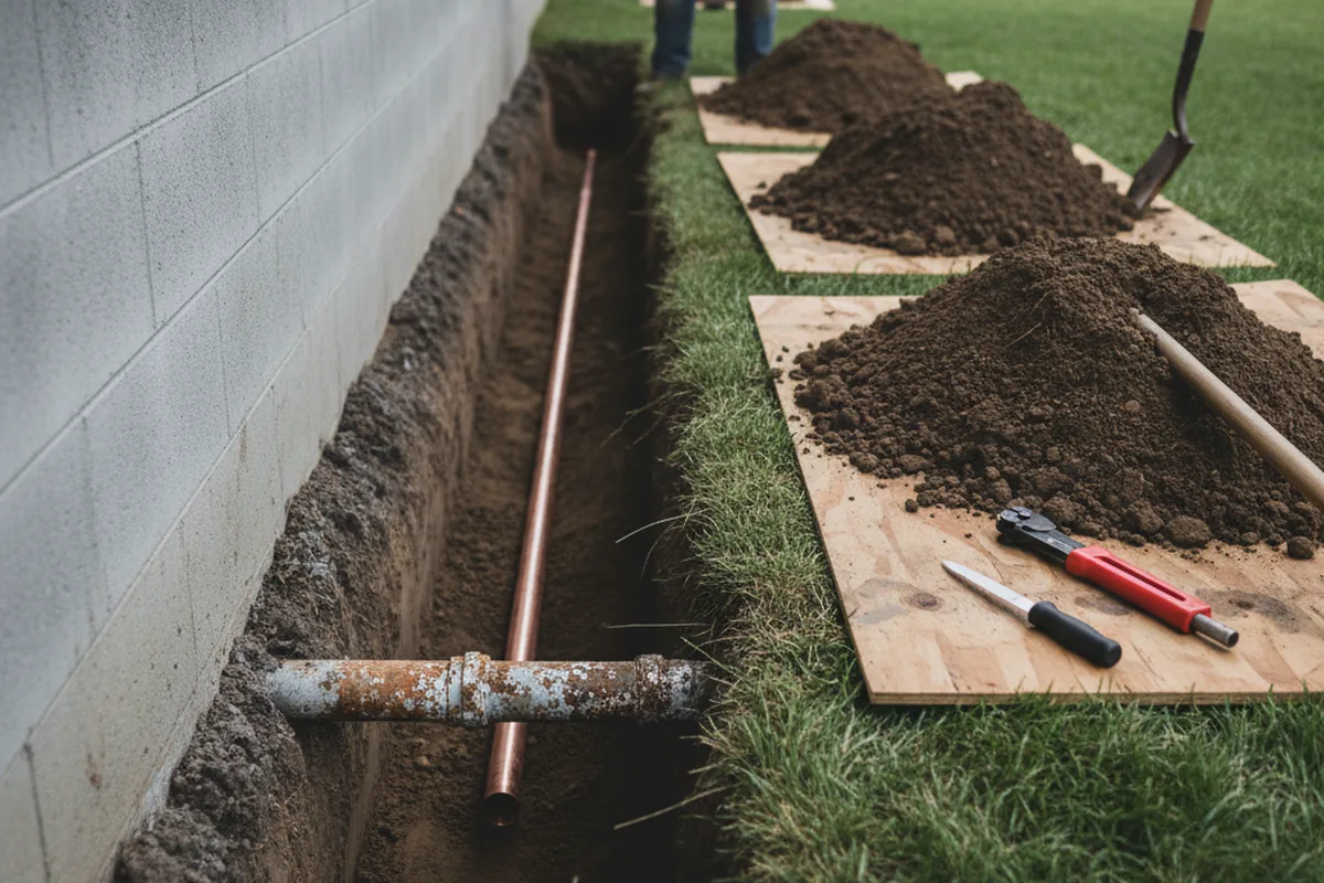 Excavated water line trench during Sewer Line Repair in Monsey